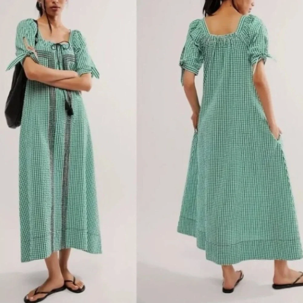 Free People Cass Midi Dress Green White Gingham Boho Stretch Gauze Size Small